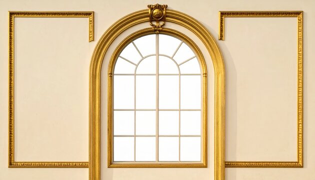 Classic Palace Window Luxury Frame Background, Elegant 3D Golden Architectural Arch Border with Bright Soft Sunlight, Premium Royal Interior Fairytale Layout Template Blank Copy Space