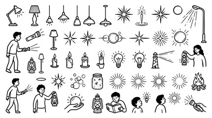 Obraz premium Lighting and illumination equipment with lamps, candles, lightbulbs, and people holding flashlights in a hand-drawn doodle icon set