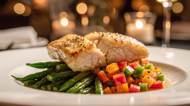 Delicious Grilled Fish Sitting on Green Beans and Colorful Peppers in Elegant Restaurant Setting