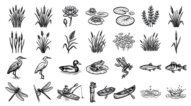 Wetland wildlife and nature elements with cattails, water lilies, herons, frogs, fish, and boats hand-drawn icon set