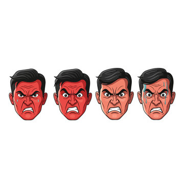 Four cartoon faces with angry expressions.