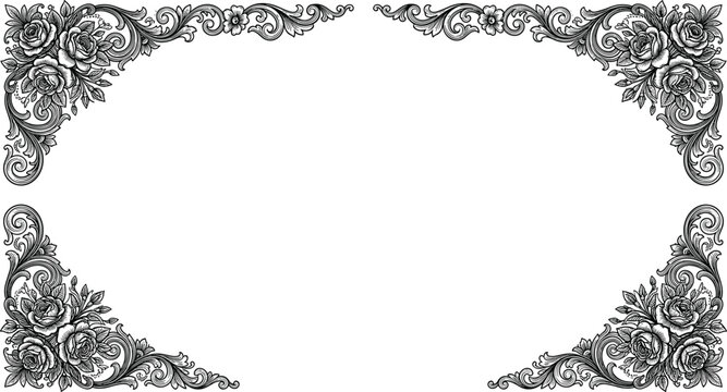 Intricate vintage engraving style border frame corner decorative design element with classical rose bouquet swirls foliage vector pattern