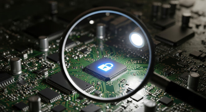 Data privacy concerns protect digital information with magnifying glass on circuit board chip