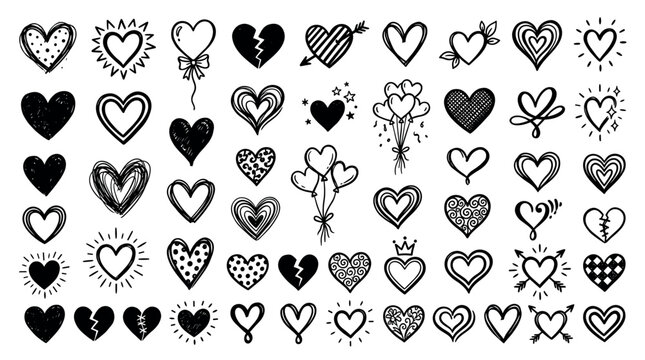 Romantic love and affection doodle heart icon set with multiple styles like broken, arrow, balloon, and outline