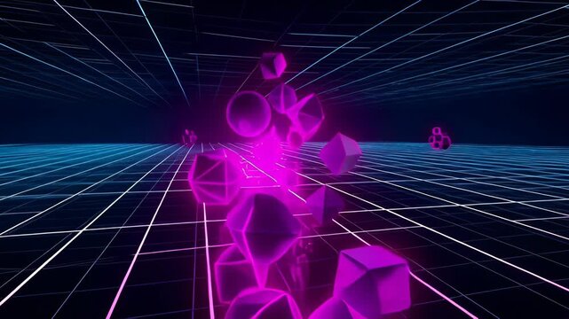 Digital datum stream matrix effect neon grid glowing shape dark futuristic abstract 3d scene with magenta glow on futuristic plane and background for SEO search optimization