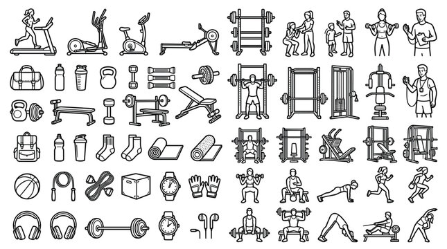 Fitness and gym equipment with people exercising with treadmill, elliptical, weights, and yoga mat line art icons