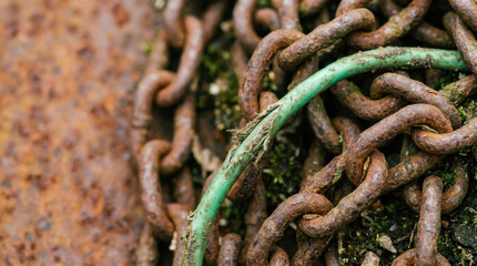 Fototapeta premium Rusty chain metal corrosion old texture closeup with green wire showing energy transition and oil prices impact