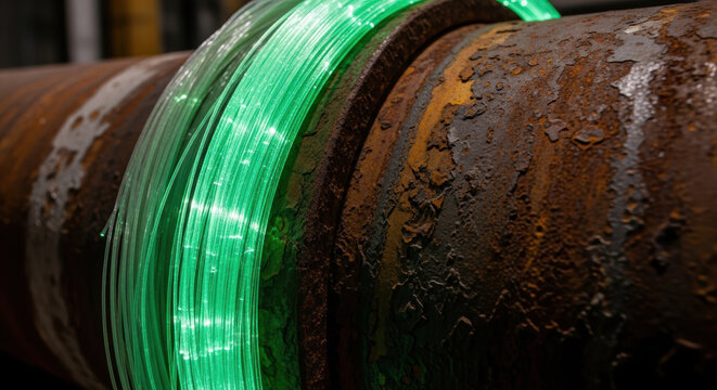 Rusty metal pipe with glowing green fiber optic cable wrapped around it symbolizing energy transition and oil prices