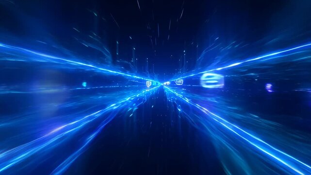 Digital datum stream matrix effect in blue light trail tunnel with glowing data flow, abstract neon data line on black background and futuristic motion speed space tunnel