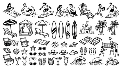 Obraz premium Summer beach vacation people and objects doodle icon set with surfers, sunbathers, sandcastles, and beach accessories for tourism design and travel graphics