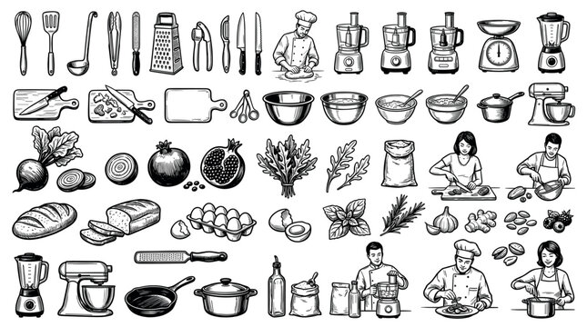 Kitchen cooking and baking equipment, ingredients, and chefs preparing food hand-drawn doodle style vector illustration set for culinary branding, recipe books, or restaurant menu design