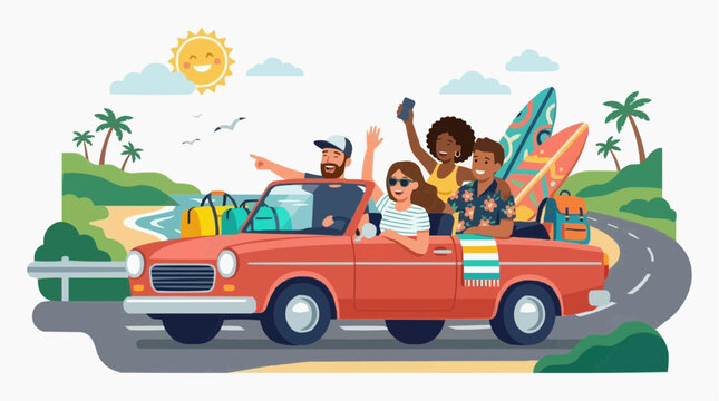 Summer Road Trip: A vibrant illustration captures a joyful group of friends embarking on a summer road trip, packed with surfboards and bags, embracing the open road and sunny skies.