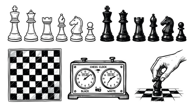 Strategy game elements with chess pieces, chessboard, and clock in a hand-drawn sketch style vector illustration for educational materials and competitive gaming graphics