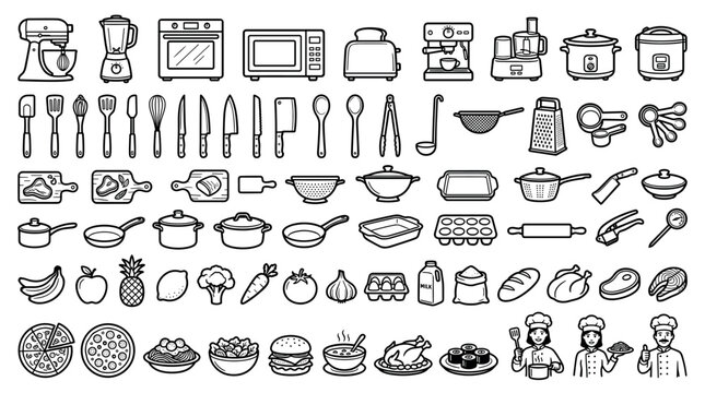 Kitchen cooking and food preparation appliances, utensils, ingredients, and dishes icon set for culinary branding and restaurant menu design projects