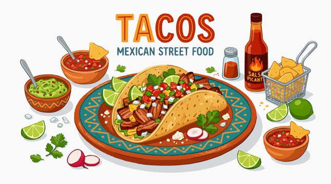 Exquisite Mexican Taco: A vibrant depiction of a delectable Mexican taco, artfully presented alongside complementary ingredients like fresh salsa, creamy guacamole, and zesty lime.