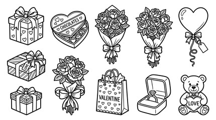 Obraz premium Valentine's Day celebration gifts and romantic surprises with presents, chocolate box, rose bouquets, balloon, and teddy bear line art icon set for holiday greetings and love-themed designs
