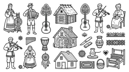 Fototapeta premium Traditional folk culture and village life icons featuring people in national costumes, musical instruments, houses, and crafts, vector illustration for cultural heritage designs
