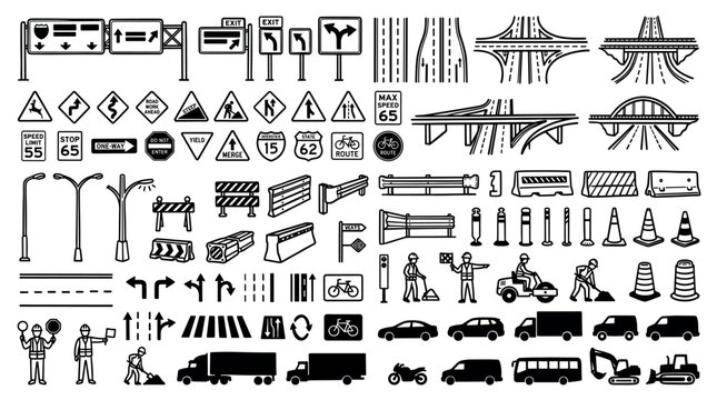 Road construction and traffic management icon set featuring various signs, barriers, vehicles, and workers for urban planning and safety graphics