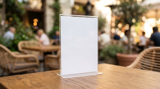 Blank menu holder stands on wooden table. Outdoor cafe buzzes with soft background chatter. Patrons sit at wicker chairs, enjoying warm ambiance. Green plants frame the cozy, sunlit space