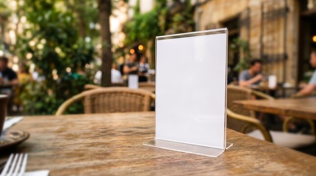 Blank menu holder stands on wooden table. Outdoor cafe buzzes with soft background chatter. Patrons sit at wicker chairs, enjoying warm ambiance. Green plants frame the cozy, sunlit space