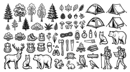 Fototapeta premium Outdoor camping adventure and hiking equipment with forest animals and trees in a hand-drawn line art style vector illustration for wilderness exploration graphics and nature-themed designs
