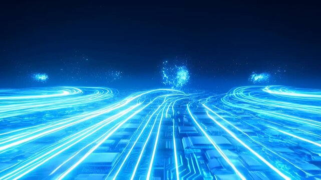 Digital datum stream matrix effect blue abstract background with circuit board and glowing light trails dark futuristic technology concept and glowing line paths