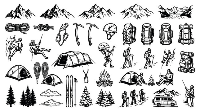 Outdoor adventure and mountain climbing equipment with hikers, tents, backpacks, and campfire in a hand-drawn doodle style vector illustration for travel and camping graphics