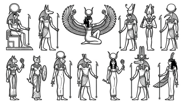 Ancient Egyptian mythology gods and goddesses vector illustration set featuring Horus, Anubis, Isis, Thoth, Osiris, Sekhmet, Bastet, Sobek, and Hathor for historical and cultural design p...