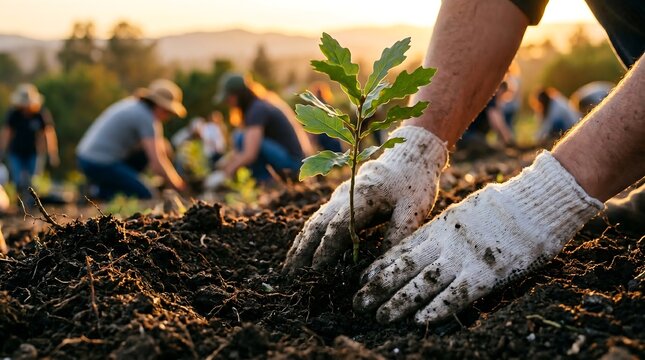 Hands gently plant a young oak sapling in rich soil. Sunset bathes the scene in warm, golden light. People work together, focused on nurturing nature. Dirt looks moist and fertile, perfect for growth