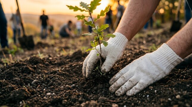 Hands gently plant a young oak sapling in rich soil. Sunset bathes the scene in warm, golden light. People work together, focused on nurturing nature. Dirt looks moist and fertile, perfect for growth
