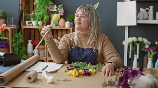 Woman florist smells a tulip while holding it in hand at studio worktable wearing apron and smiling; serenity care.