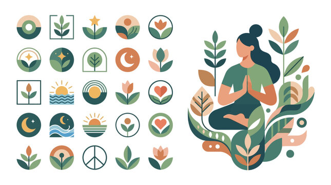 Flat vector illustration set featuring a woman meditating in a yoga pose surrounded by stylized leaves, alongside twenty-five geometric icons representing nature, peace, and wellness.