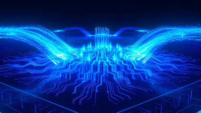 Abstract Blue Circuit Wave Glowing Light Digital Data Flow Futuristic Matrix Effect on Circuit Board Technology with Cyber Network Processor Silicon Innovation