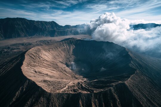 Active volcano crater emitting thick smoke in a dramatic mountain landscape with wide-angle aerial perspective for travel and tourism marketing