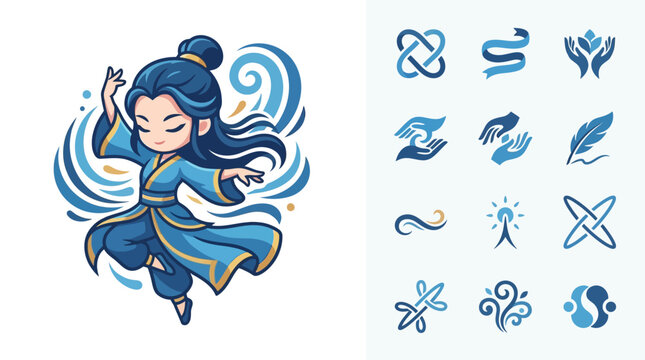 Vector illustration of a chibi female character in a blue and gold traditional robe performing a graceful dance amidst stylized water swirls, accompanied by twelve abstract icons.