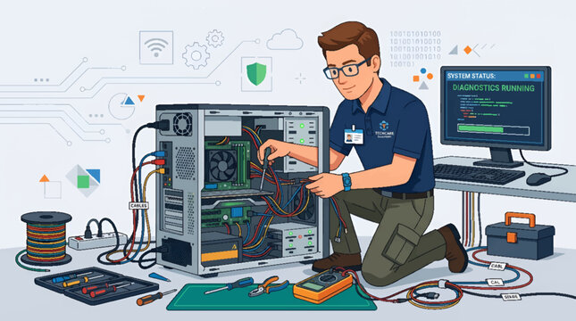 A male computer technician repairing an open desktop PC case.