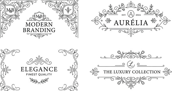 Luxury vintage logo badge templates and elegant line art frames set for premium corporate branding and product packaging design