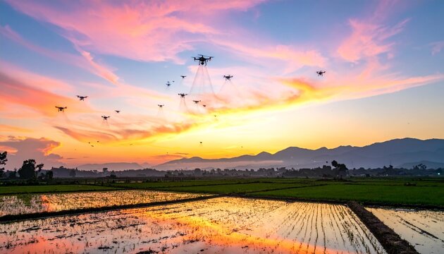 オレンジの夕空でフォーメーション飛行する農業ドローン群と水田
