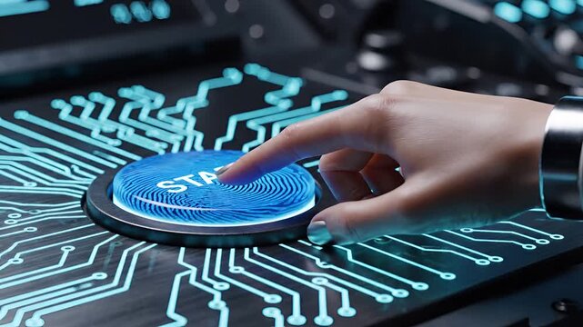 Closeup of Finger Pressing Glowing Blue Start Button on Futuristic Circuit Board.