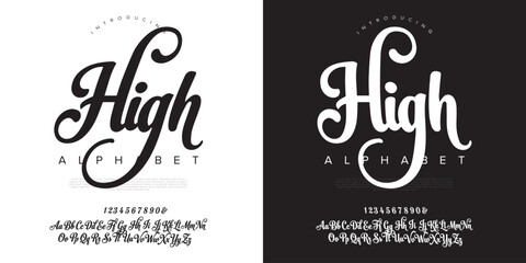 High elegant signature script font alphabet with numbers for luxury branding and professional business identity © happy