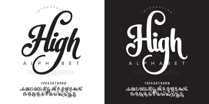 High elegant signature script font alphabet with numbers for luxury branding and professional business identity