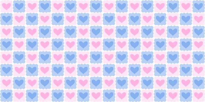 Interwoven pink and blue heart pattern creating a chequerboard effect. Romantic and playful design for greeting cards and gifts.