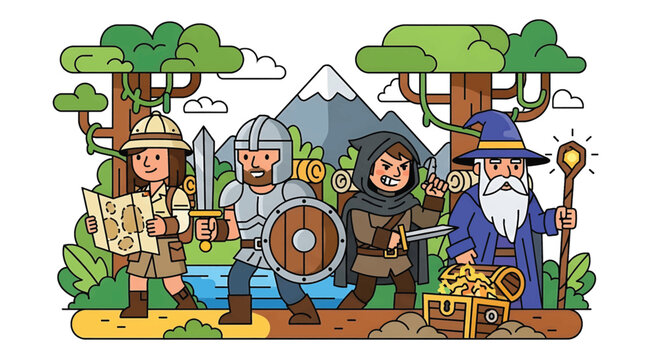 Fantasy characters group standing together.