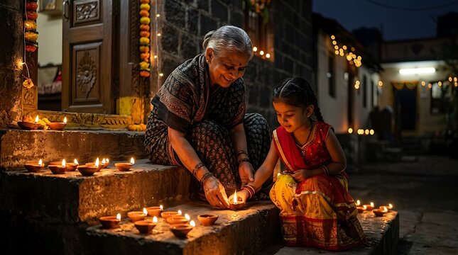 Elderly Woman and Child Lighting Diyas on Stone Steps Evening Scene