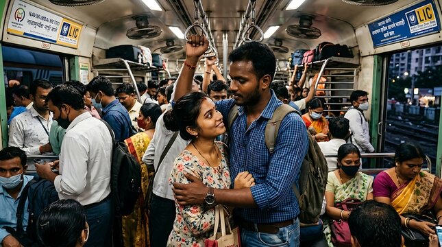 Romantic Couple Embracing Inside Crowded Indian Metro Car