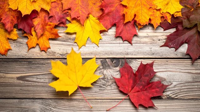 Vibrant fall maple leaves arranged on a rustic wooden table background