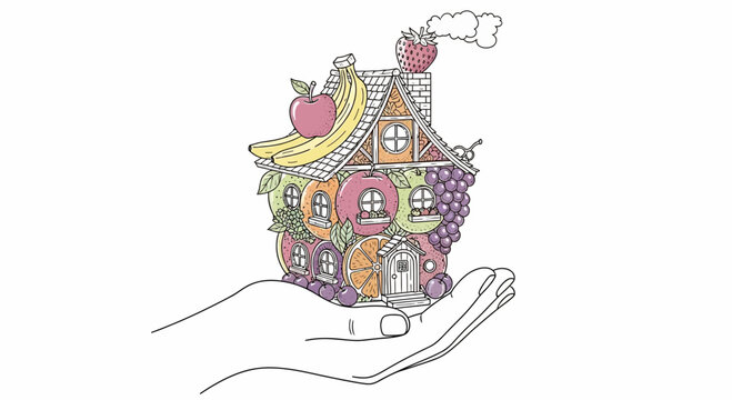 Hand holding a whimsical fruit house, symbolizing healthy living and organic food.