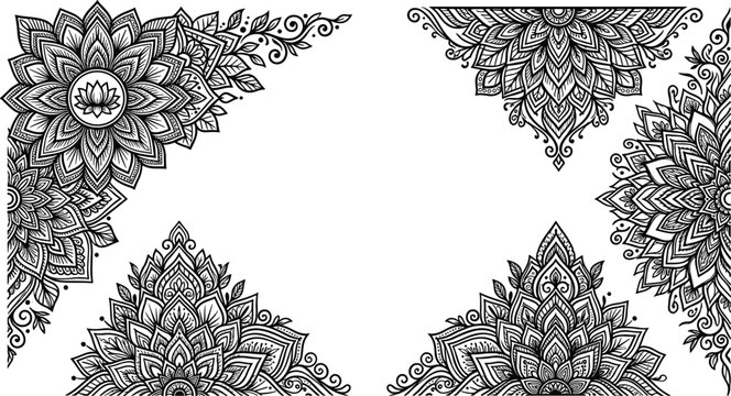 Ornate mandala corner borders and luxury half circular lace ornaments set with bohemian lotus flower elements for wedding invitation design vector