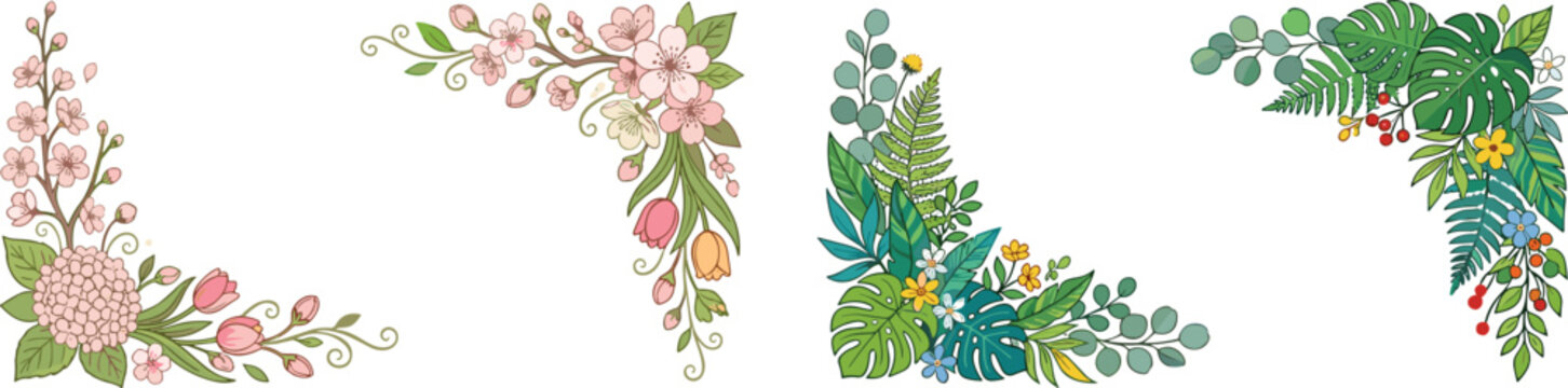 Tropical leaves and spring cherry blossom floral corner borders set with monstera foliage for wedding invitation card design vector