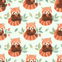Obraz premium Red Pandas Eating Strawberries Pattern